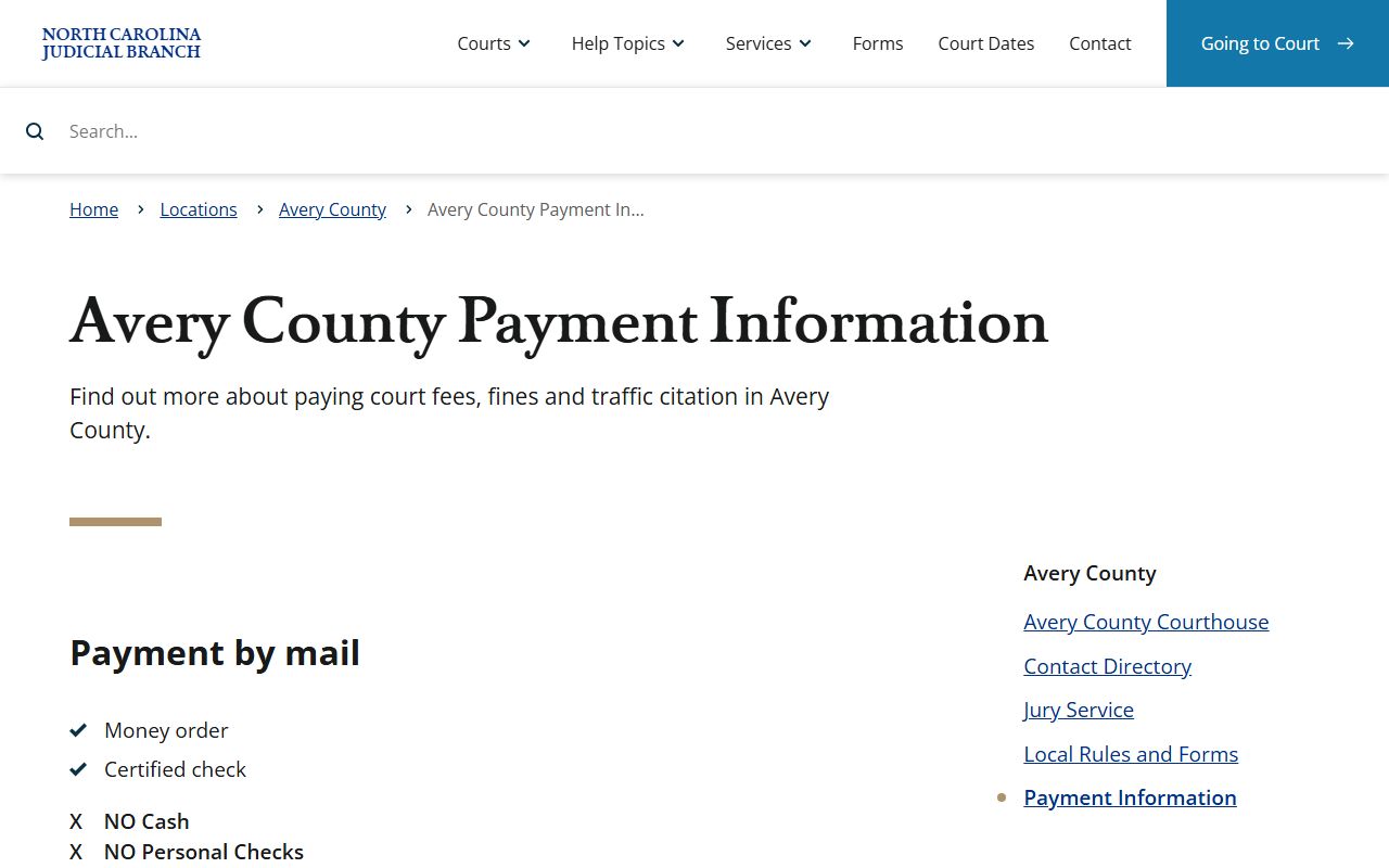 Avery County Clerk of Superior Court payment records page