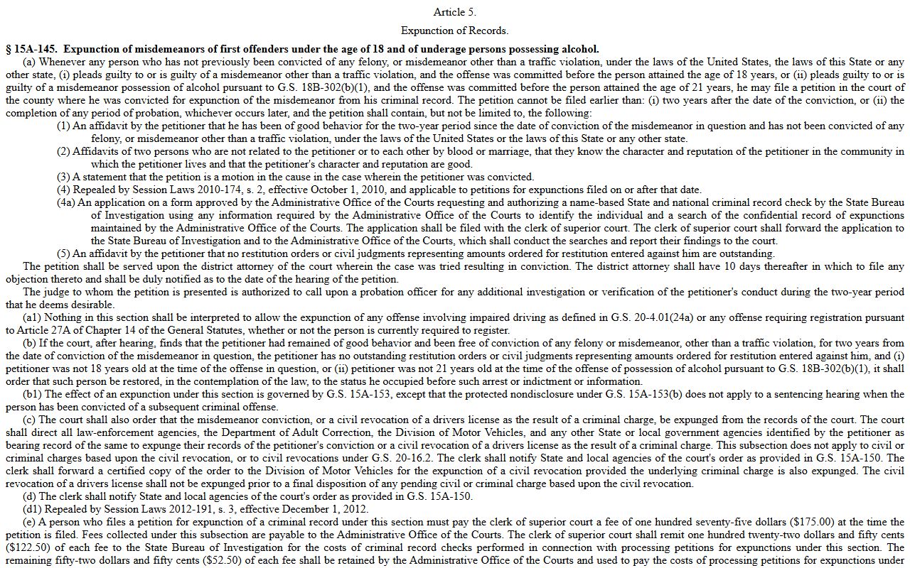 Avery County criminal court records expunction statute categories