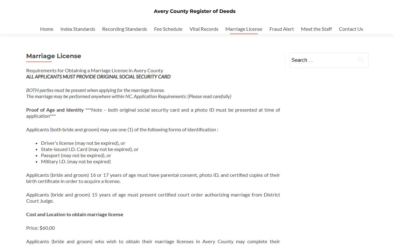 Avery County marriage records Register of Deeds marriage license requirements
