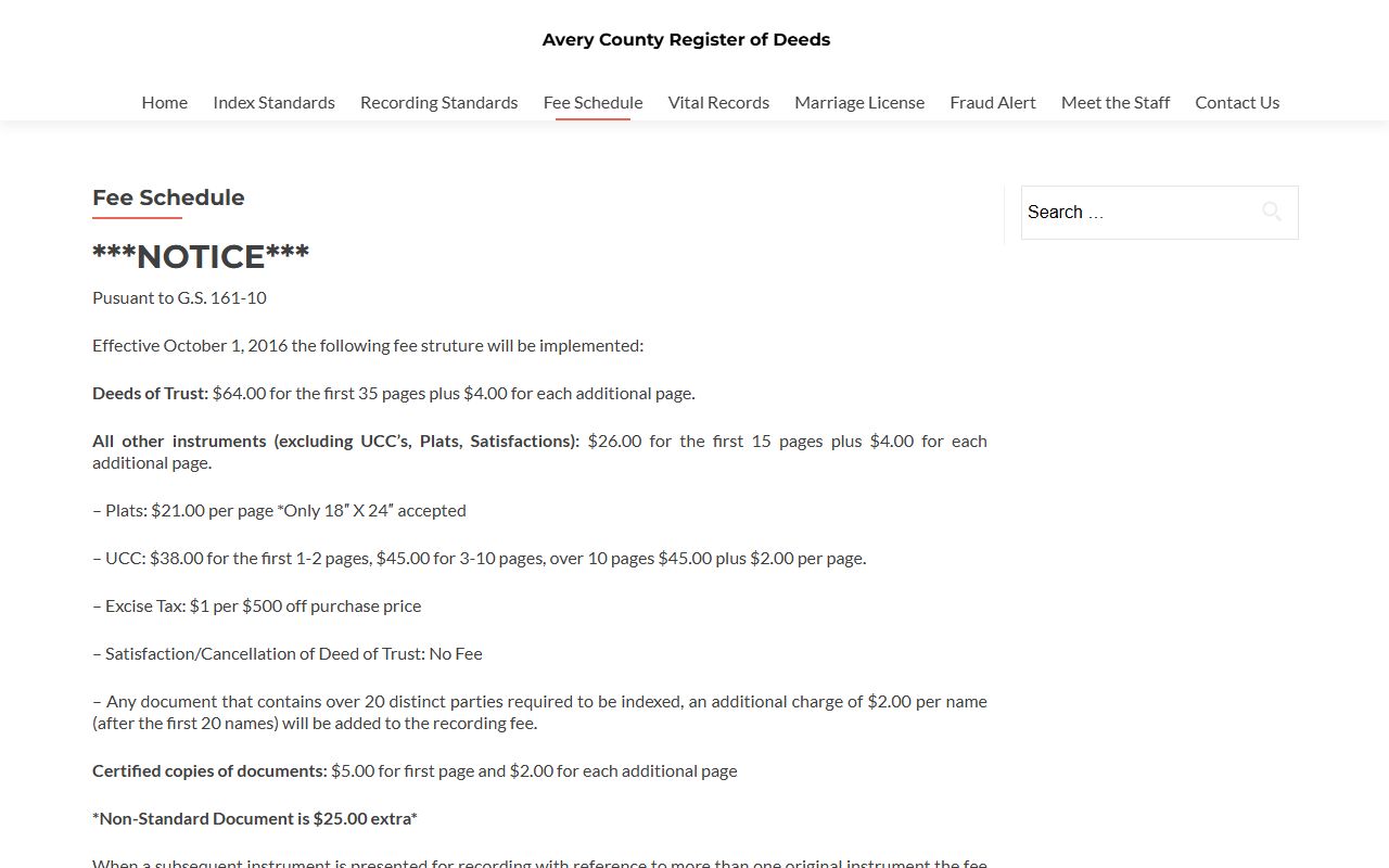Avery County marriage records Register of Deeds fee schedule